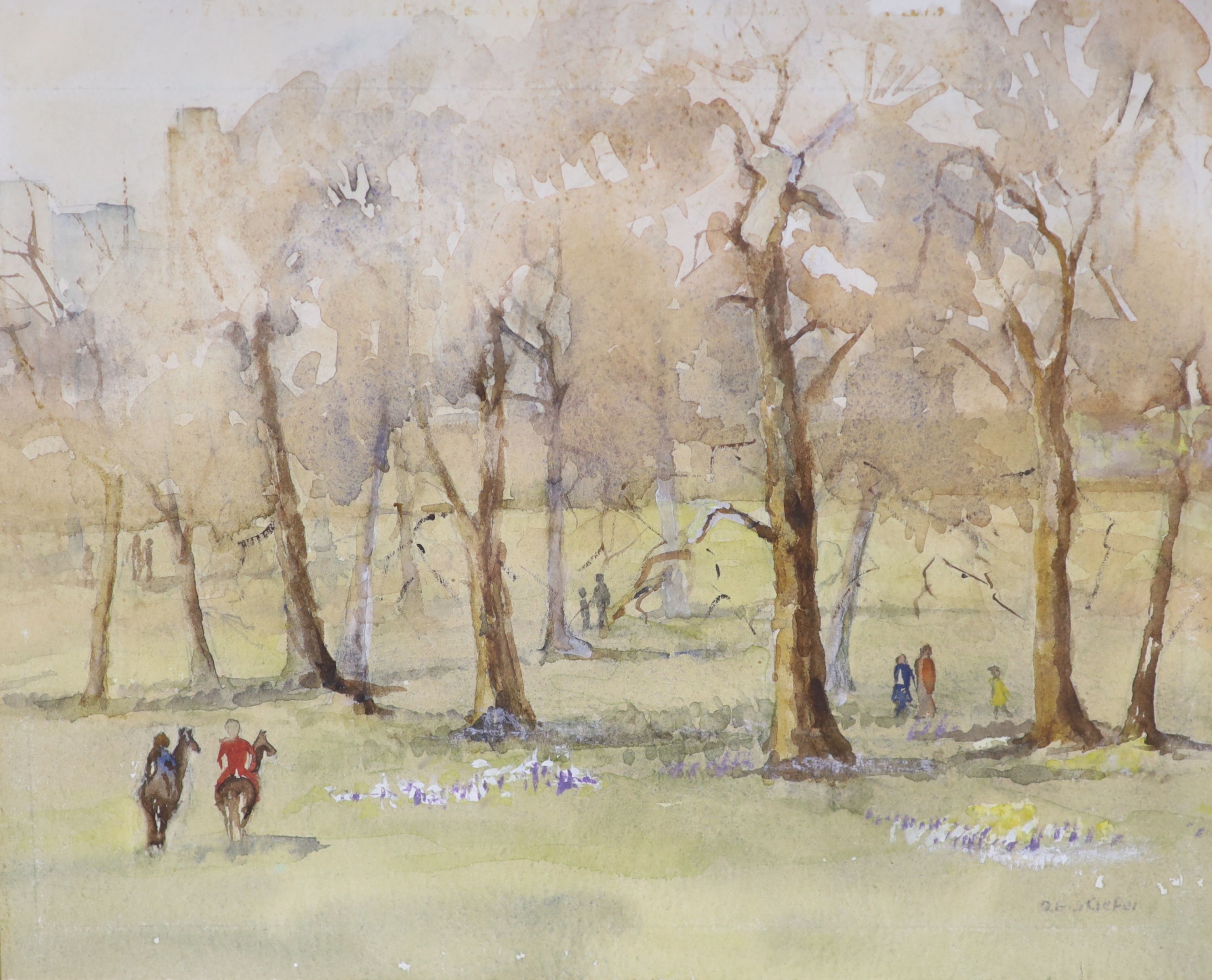 Olive Stiefel, watercolour, Horse riders in Hyde Park, signed, 20 x 25cm